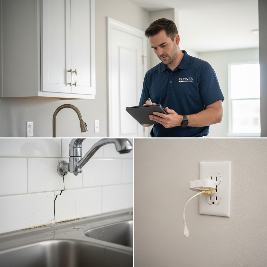 A professional home inspector, wearing a branded polo shirt and holding a tablet, meticulously examines the interior of a new, pristine home. In the foreground, subtle signs of common, initial year issues are visible: a hairline crack in a white drywall, a slight drip under a kitchen sink, and a loose electrical outlet cover. The scene should convey diligence and attention to detail, with a bright, clean aesthetic emphasizing a newly built home. Use a realistic, professional photo style with a slightly wider lens to capture both the inspector's focused work and the emerging defects. The overall mood should be informative and reassuring.