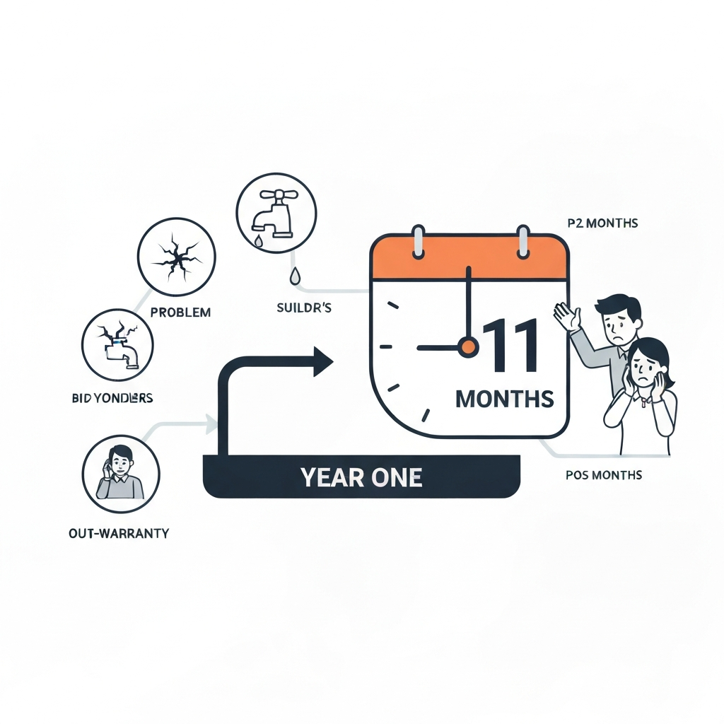 An infographic-style illustration depicting a clear timeline for new home ownership. The timeline prominently features a segment labeled 'Year One' which is distinctively highlighted. A large, stylized calendar icon or a clock face with its hand pointing to '11 Months' is placed strategically within this segment, creating a visual emphasis on the impending deadline. On the earlier part of the timeline, small, easily resolvable 'problem' icons (e.g., a minor crack, a dripping faucet) are shown being addressed by an implied builder's service. Post-12 months, similar problem icons are depicted with a homeowner looking visibly concerned, signifying out-of-warranty issues. The style should be clean, modern, and easily understandable, using a calm color palette.