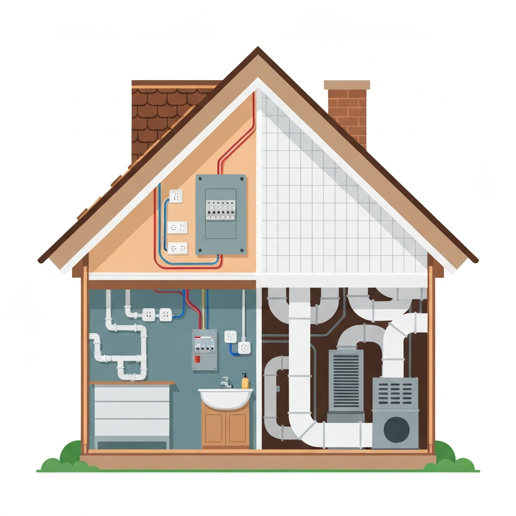 A clean, modern flat illustration depicting a stylized house. The house is subtly 'exploded' or has transparent overlays, visually segmenting and highlighting four distinct key areas: the roof (showing shingles/structure), an interior wall section revealing electrical wiring, outlets, and a breaker box, a bathroom or kitchen section showcasing plumbing pipes and fixtures, and a basement or attic area with a central HVAC unit and ductwork. The elements should be clearly identifiable yet integrated into the house structure, emphasizing the 'four points' of inspection. No labels, words, or text are to be included on the image.