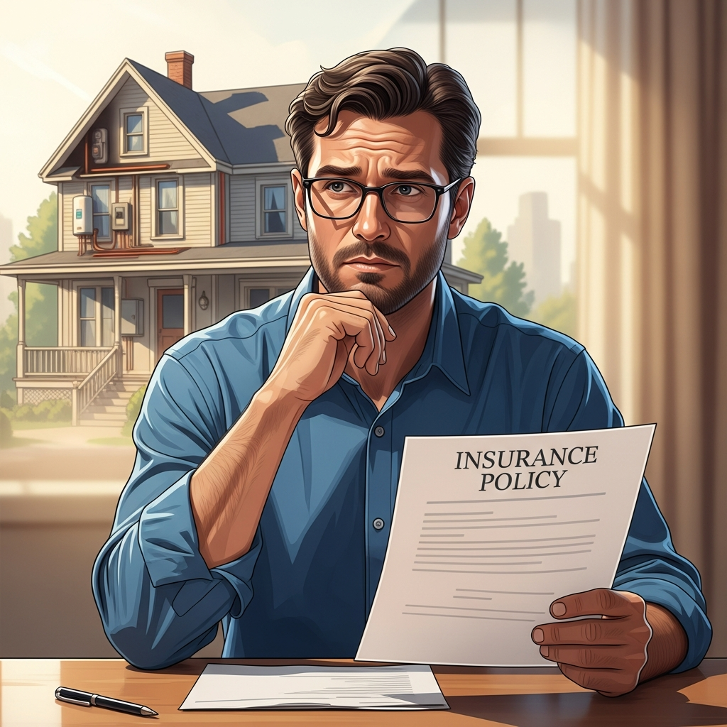 A professional, realistic digital illustration of a thoughtful, slightly concerned homeowner (can be gender-neutral, diverse age) sitting at a table, holding an insurance policy document with a serious expression. In the soft-focus background, a stylized, warm-toned depiction of an older, well-maintained house is visible. Hints of its internal systems, like a subtle shadow of an electrical panel or a water heater, can be integrated. The scene should convey the responsibility and importance of understanding home systems for insurance purposes. Ensure there is no text, words, or typography on the policy document or anywhere else in the image.