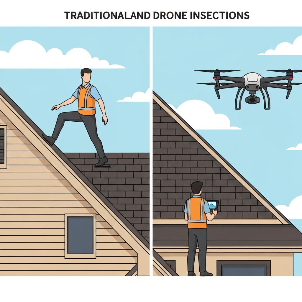 A split-screen flat illustration contrasting traditional and drone roof inspections. On the left, a professional inspector is shown cautiously walking on a steep, gabled residential roof, perhaps bending to examine a shingle. On the right, a modern, multi-rotor drone is depicted hovering above a different section of the same roof. Below the drone, another inspector stands safely on the ground, looking at a handheld controller with a screen displaying a clear roof view. The overall style should be clean, professional, and slightly infographic, emphasizing safety and efficiency through visual contrast.