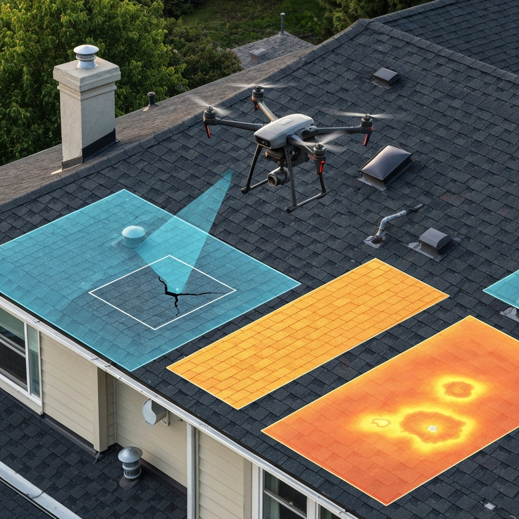 An eye-level digital art illustration showcasing a sleek, professional inspection drone flying precisely over a residential rooftop. The roof should clearly display various features like shingles, a vent, and a chimney. Emanating from the drone or subtly overlaid on sections of the roof below it are abstract visual representations of its advanced capabilities: a high-resolution zoom effect highlighting a small crack on a shingle, and a subtle, warm-toned thermal mapping overlay indicating a potential heat anomaly. The aesthetic should be modern, clean, and technologically advanced.