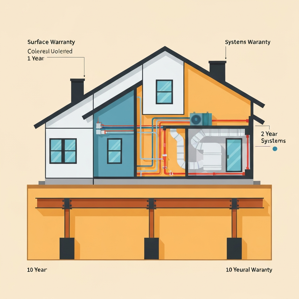 A vibrant flat illustration depicting a sectional, cutaway view of a modern, newly constructed single-family home. Different parts of the house are visually segmented and highlighted to represent varying warranty coverages. The foreground shows surface-level details like windows and drywall, subtly hinting at features typically covered by a one-year warranty. Deeper layers reveal intricate plumbing pipes, electrical wiring, and HVAC ducts for a two-year systems warranty. The lowest section clearly illustrates a robust foundation and structural beams, signifying a ten-year structural warranty. The overall aesthetic is clean, professional, and conceptual, using a harmonious color palette to differentiate sections.