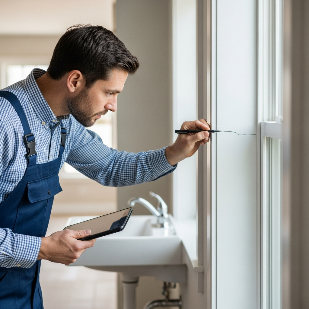 A high-quality, professional photo capturing a detailed scene inside a newly constructed home. A diligent home inspector, wearing practical work attire and holding a tablet or clipboard, is actively examining a potential issue. The inspector's focus is on a specific detail, such as closely scrutinizing a small crack in the drywall near a window frame, inspecting a subtly misaligned door, or checking for a minor leak under a sink. The background reveals other typical new home features like clean, modern finishes. The lighting is bright and natural, conveying a sense of transparency and thoroughness in the inspection process.