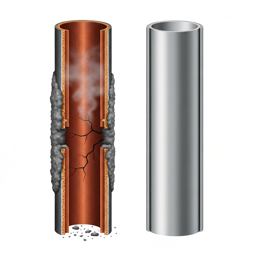 A detailed cutaway diagram illustrating the stark contrast between a hazardous, unmaintained chimney and a safe, regularly inspected one. On one side, show a chimney flue choked with thick, crusty creosote buildup, visible cracks in the inner lining, and perhaps a subtle hint of smoke escaping through a fissure, symbolizing fire risk and structural damage. The other half depicts a pristine, well-maintained flue, clean and smooth, free of obstructions or damage, emphasizing safety and efficient operation. Use a professional, technical illustration style with clear visual separation.