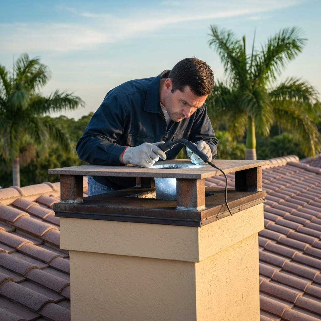 A professional chimney inspector, wearing protective gloves and a work jacket, meticulously examining the top of a residential chimney on a tiled rooftop. The inspector is peering into the flue opening, possibly using a bright flashlight or a specialized inspection camera on a flexible probe, to check for blockages or damage. The scene should convey a sense of thoroughness and expertise. The house architecture subtly suggests a Florida setting, perhaps with palm trees in the background under a warm, clear sky. Professional, detailed digital illustration style.