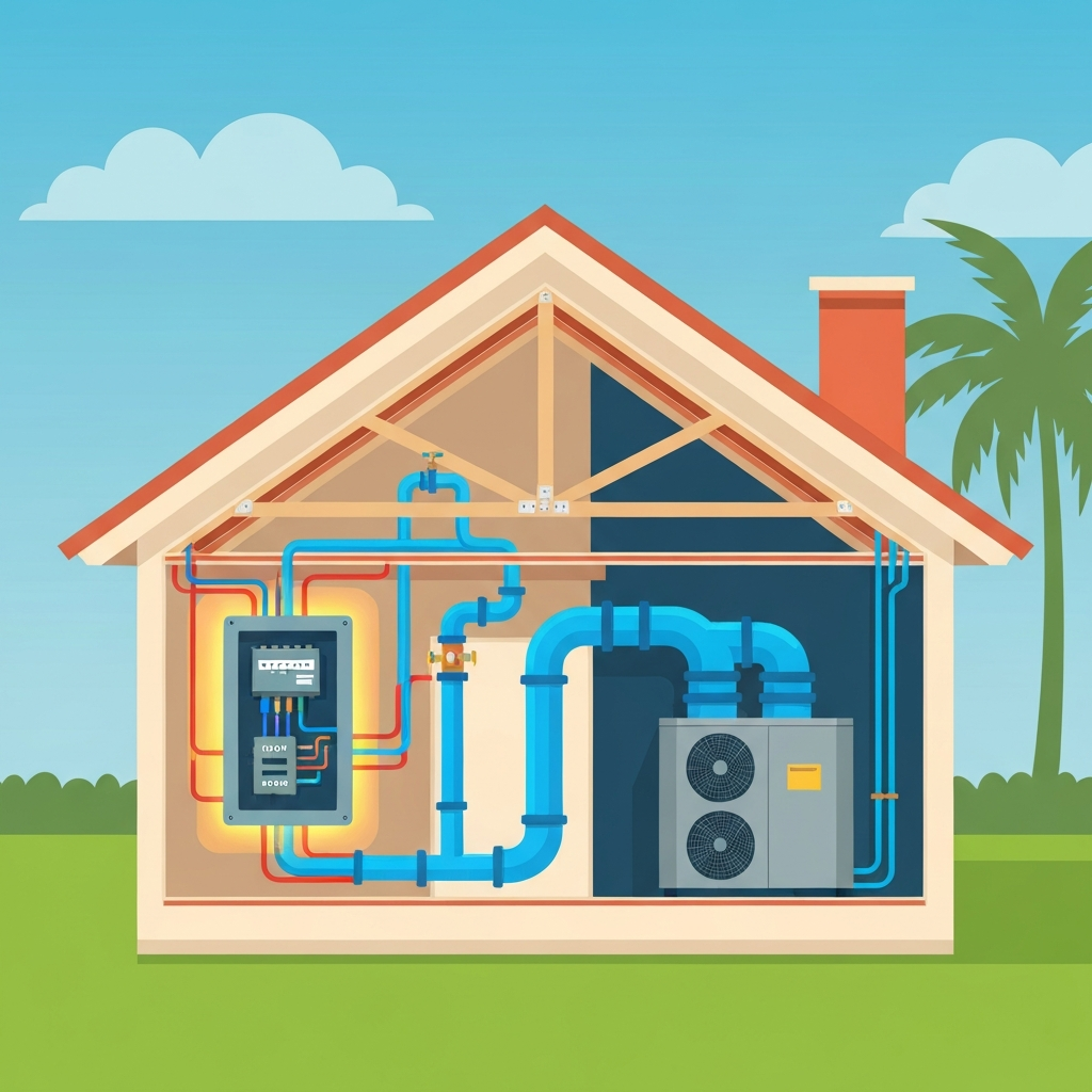 A vibrant, clean flat illustration depicting a transparent cutaway view of a typical Florida single-family home. Inside, the four key systems are visually emphasized with distinct colors: a glowing electrical panel with circuits, a network of blue plumbing pipes, a central HVAC unit with air ducts, and a detailed cross-section of the roof structure. Each system should be clearly visible and integrated within the house's overall frame, suggesting a comprehensive assessment. The background subtly hints at Florida, perhaps with a distant palm tree silhouette, without being distracting. The overall feeling is informative and clear, ideal for explaining complex systems.