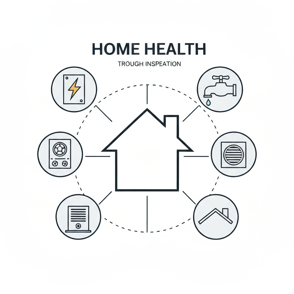 A modern, professional infographic illustration focused on the concept of 'home health' through inspection. The central element is a simplified outline of a house. Around this house, four distinct, stylized icons are arranged, each representing one of the key inspection points: an electrical panel or lightning bolt, a faucet or water pipe, an HVAC unit or air vent, and a roofline. These icons subtly connect to their respective areas on the house outline with thin lines. The color palette is clean and reassuring, conveying a sense of organized assessment for a homeowner.