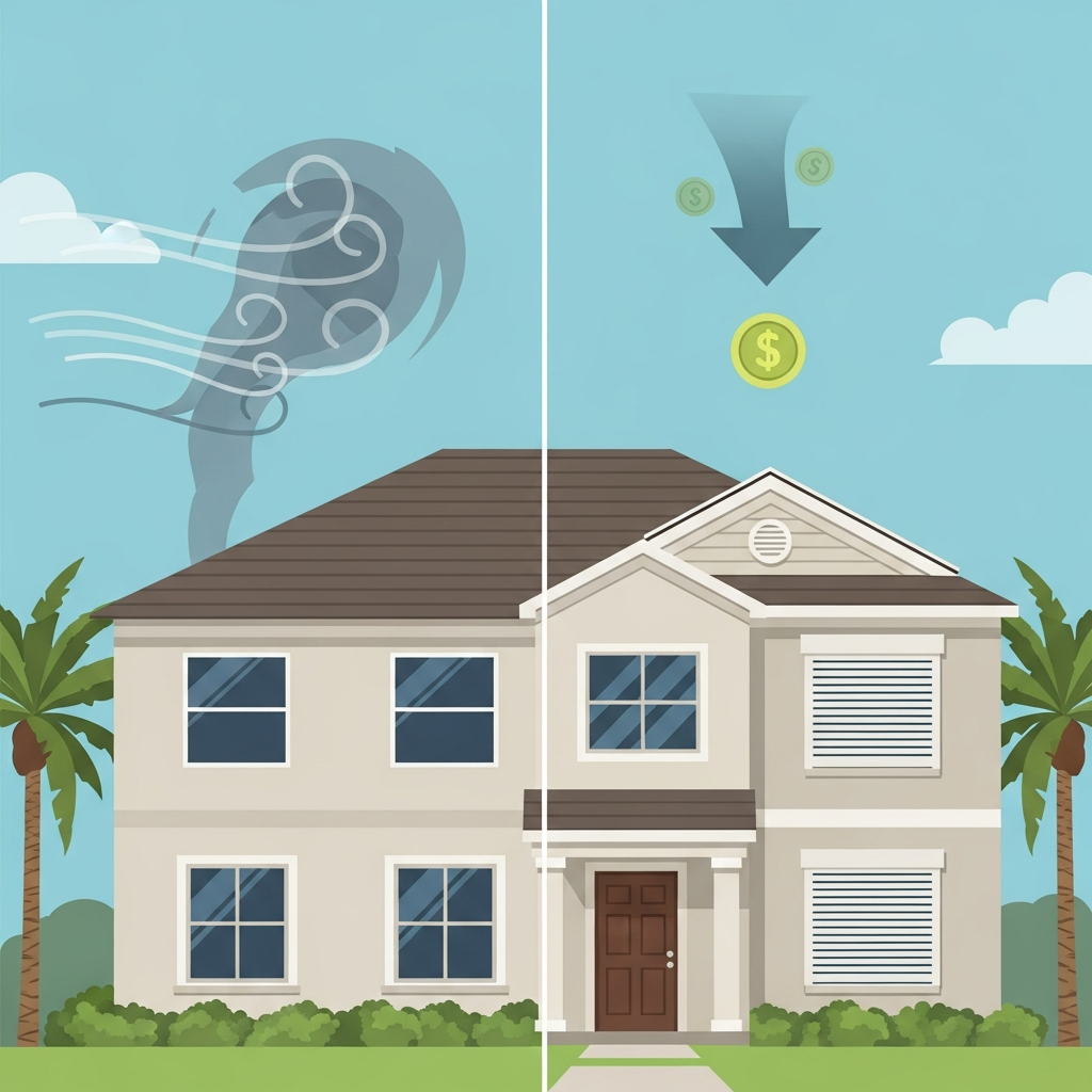 A modern flat illustration depicting a split-screen view of a Florida home. On the left side, the house appears vulnerable, with standard roofing and unprotected windows under a slightly ominous, swirling wind graphic. On the right side, the same house is shown with robust wind mitigation features: reinforced roof edges, hurricane-resistant windows, and visible storm shutters. Above the protected house, a subtle, abstract downward arrow or a shrinking dollar sign symbol could float, visually representing cost savings, without any explicit text. The overall scene should convey protection and financial benefit against the backdrop of a sunny Florida landscape.