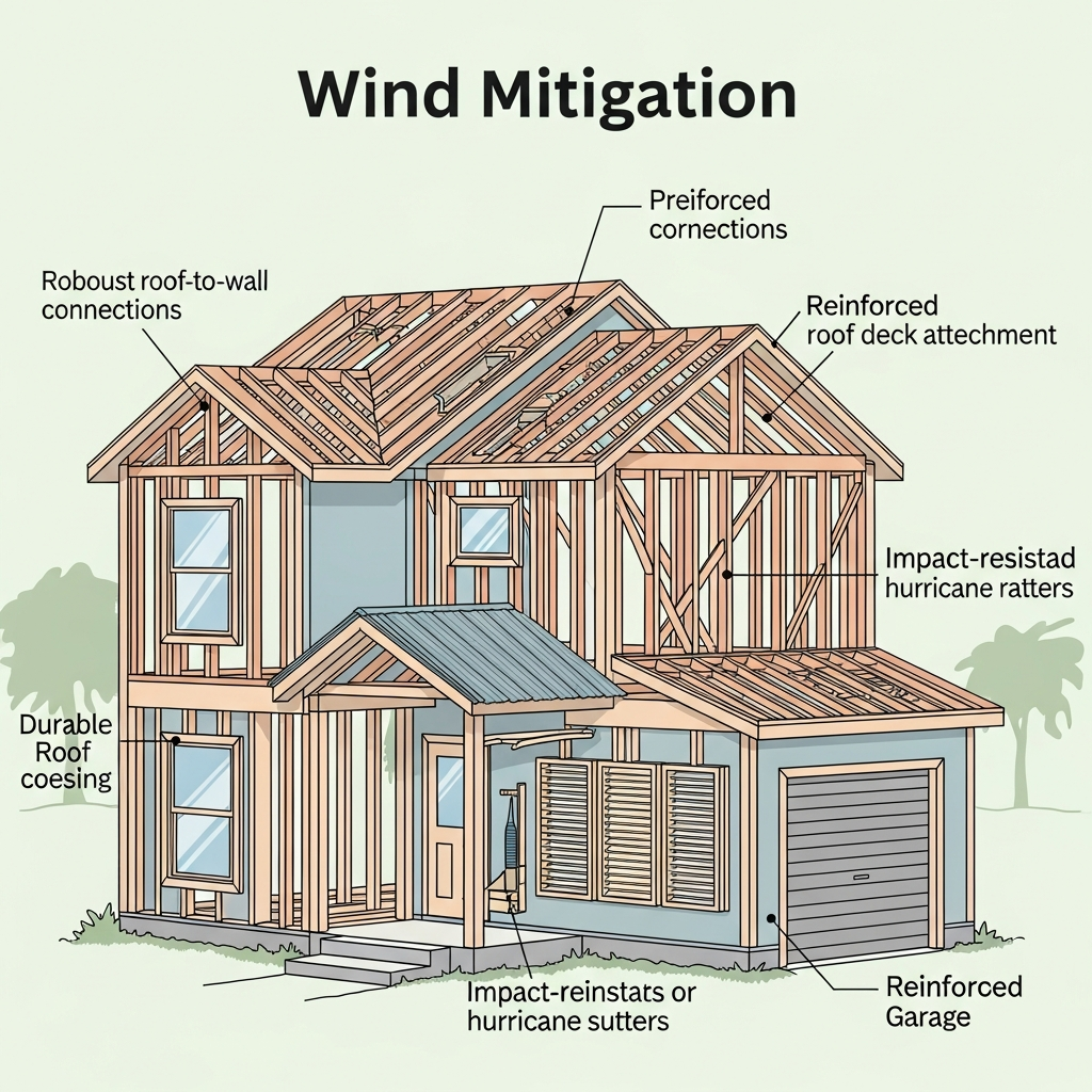 An informative infographic-style illustration showcasing a cutaway view of a typical Florida house. The illustration should clearly highlight several key wind mitigation features without using any labels or text. These features include robust roof-to-wall connections, a reinforced roof deck attachment, a durable roof covering (like metal or hurricane-rated shingles), impact-resistant windows or hurricane shutters, and a reinforced garage door. Each component should be distinctively rendered within the house structure, using clean lines and a clear, bright color palette to make the protective elements stand out against the house's framework. The overall visual should be educational and easy to understand.