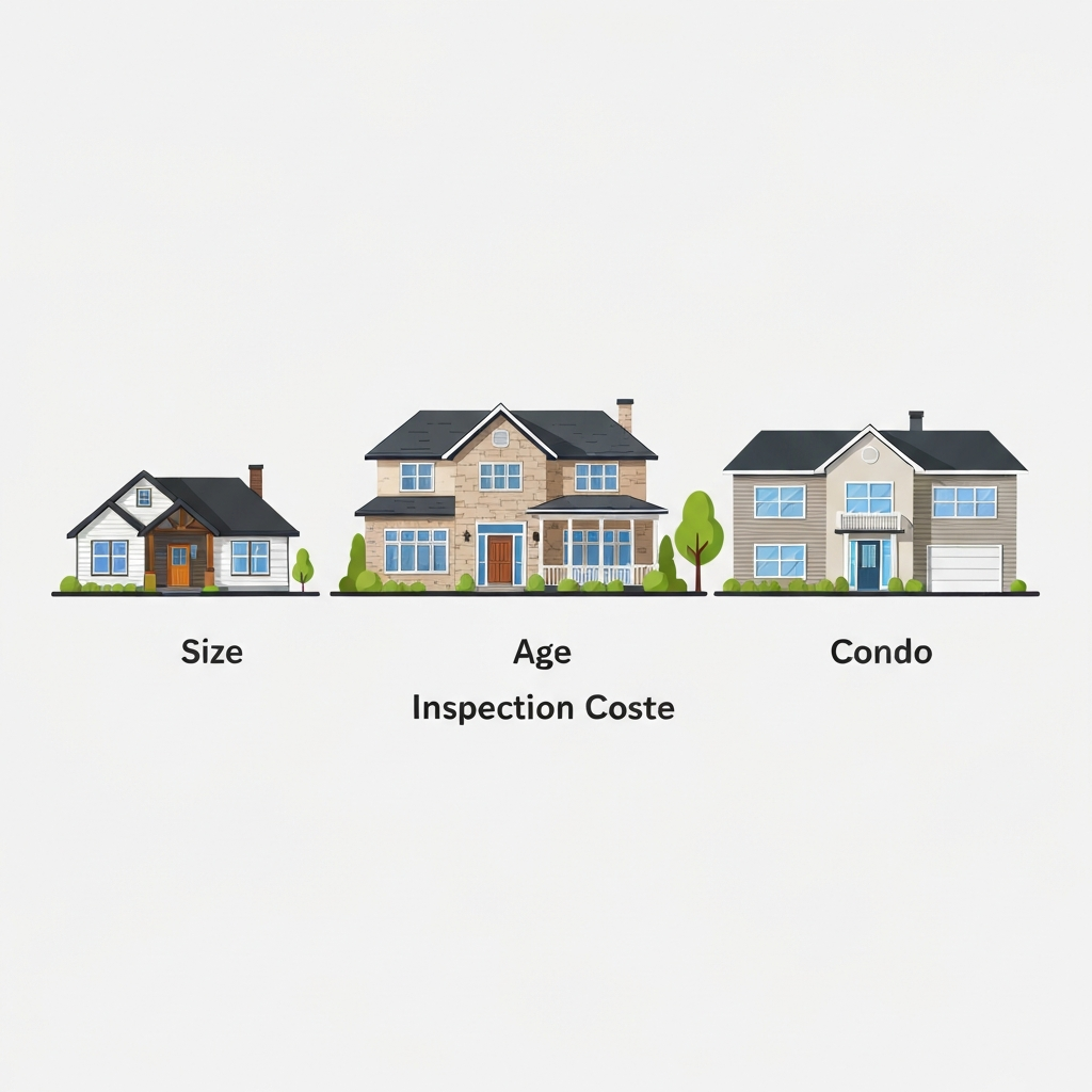 A professional flat illustration depicting various types of homes on a simple background. On one side, a small, modern single-family home. Next to it, a much larger, slightly older single-family home with more complex architectural details and a hint of a mature landscape. Further along, a section of a condominium building with a focus on an individual unit. Visual elements subtly suggest increasing complexity from the small home to the large home, and a different scope for the condo. The overall image conveys the concept of varying inspection costs based on property size, age, and type in a clear, infographic style without any numbers or words.