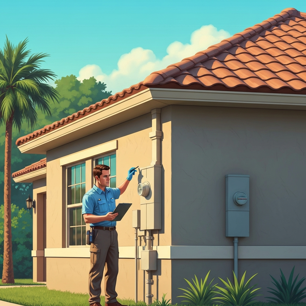 A vibrant, realistic digital illustration depicting a professional home inspector diligently examining a house in the Tampa Bay area. The inspector, dressed in practical attire, is positioned near the side of a modern single-family home with a distinctive tile roof and stucco exterior. In the background, subtle hints of Tampa's environment, such as a palm tree or lush, tropical foliage, are visible. The inspector holds a clipboard or tablet, observing a detail on the house's exterior (e.g., roof edge, utility box), conveying a sense of thoroughness and expertise. The overall image emphasizes the detailed nature of a home inspection.