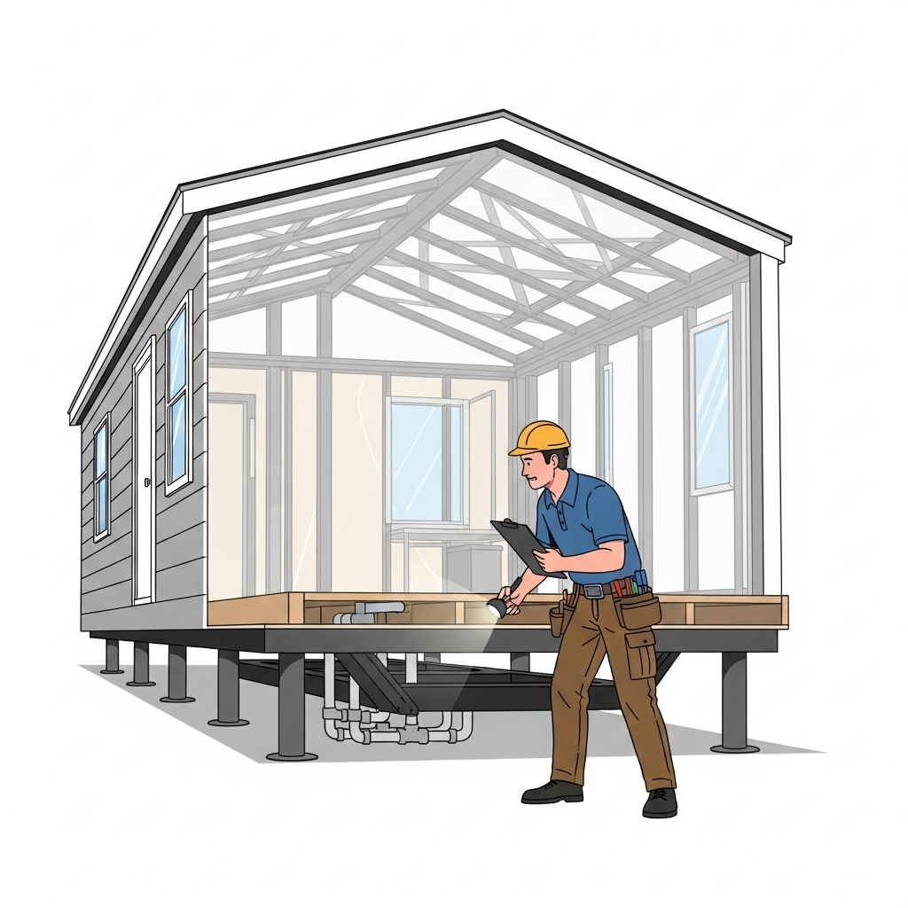 An experienced inspector, wearing professional work attire (e.g., polo shirt, cargo pants, tool belt), is meticulously examining the underside of a modern mobile home. The home is elevated slightly on foundation piers. The inspector holds a clipboard and a flashlight, peering into the crawl space area where the chassis and plumbing lines are visible. A subtle transparent effect could reveal internal structural elements like wall panels and roof trusses within the home's silhouette, visually emphasizing the unique construction methods. The overall scene conveys thoroughness and expertise in a detailed flat illustration with a clean, modern aesthetic and professional color palette.