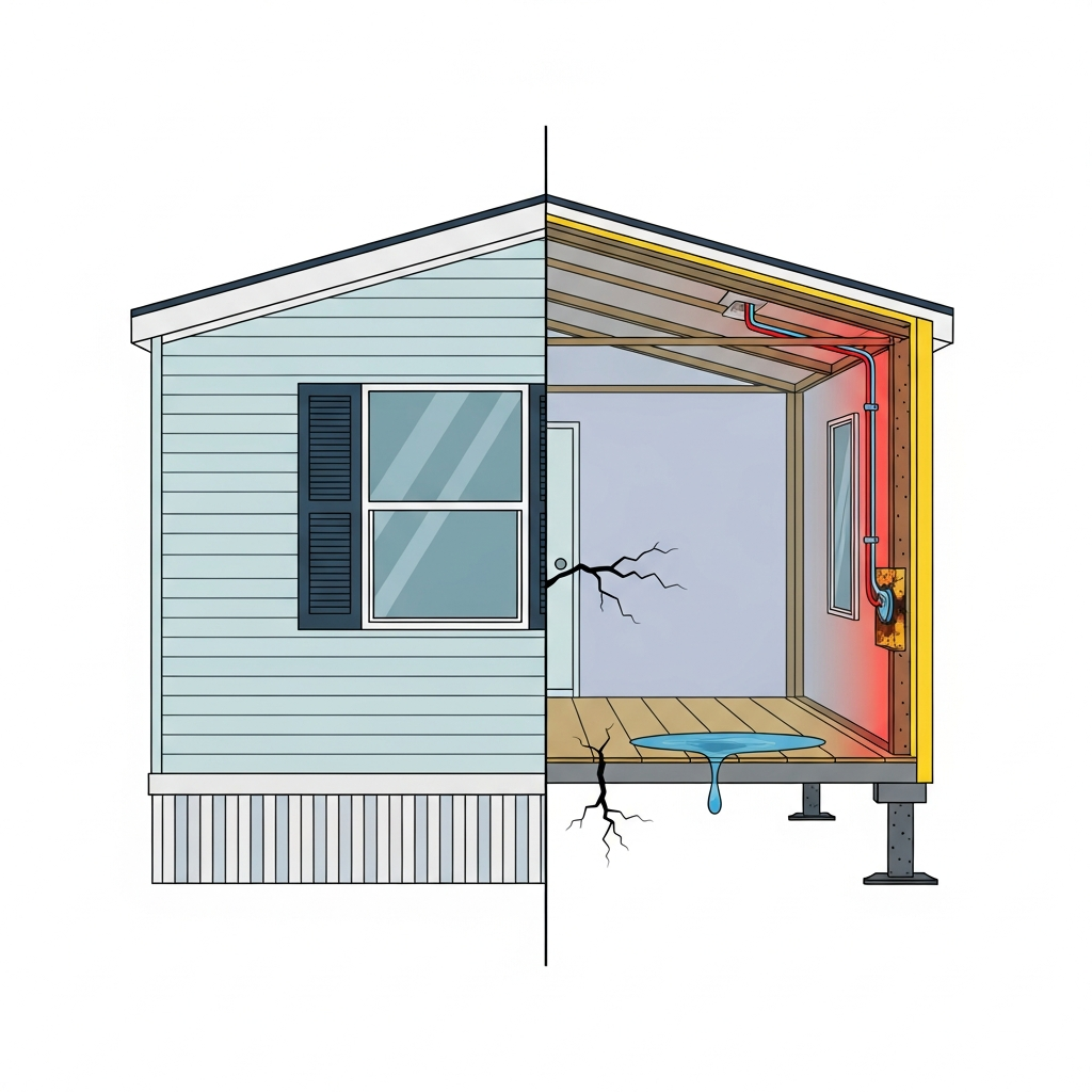 A stylized illustration depicting a modern mobile home. One half of the home appears pristine and well-maintained on the exterior. The other half, revealed through a subtle transparent or X-ray effect, shows various internal and structural issues: a cracked foundation pier, a subtle water leak beneath the floor, or a corroded electrical conduit within a wall. This visual contrasts the visible appearance with hidden defects, illustrating the critical role of an inspection in uncovering potential problems. The image should have a clean, schematic infographic style, using contrasting colors to highlight the identified issues.