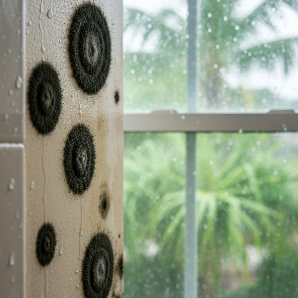 A close-up, professional photo of dark, fuzzy mold patches growing on a damp, discolored wall in a typical residential bathroom setting. Water droplets or condensation are visible on nearby surfaces, hinting at high humidity. Through a slightly out-of-focus window in the background, glimpses of lush green tropical foliage or falling rain can be seen, subtly conveying the Tampa, Florida climate. The overall mood should be slightly unsettling, emphasizing the unhealthy presence of mold in a home environment.