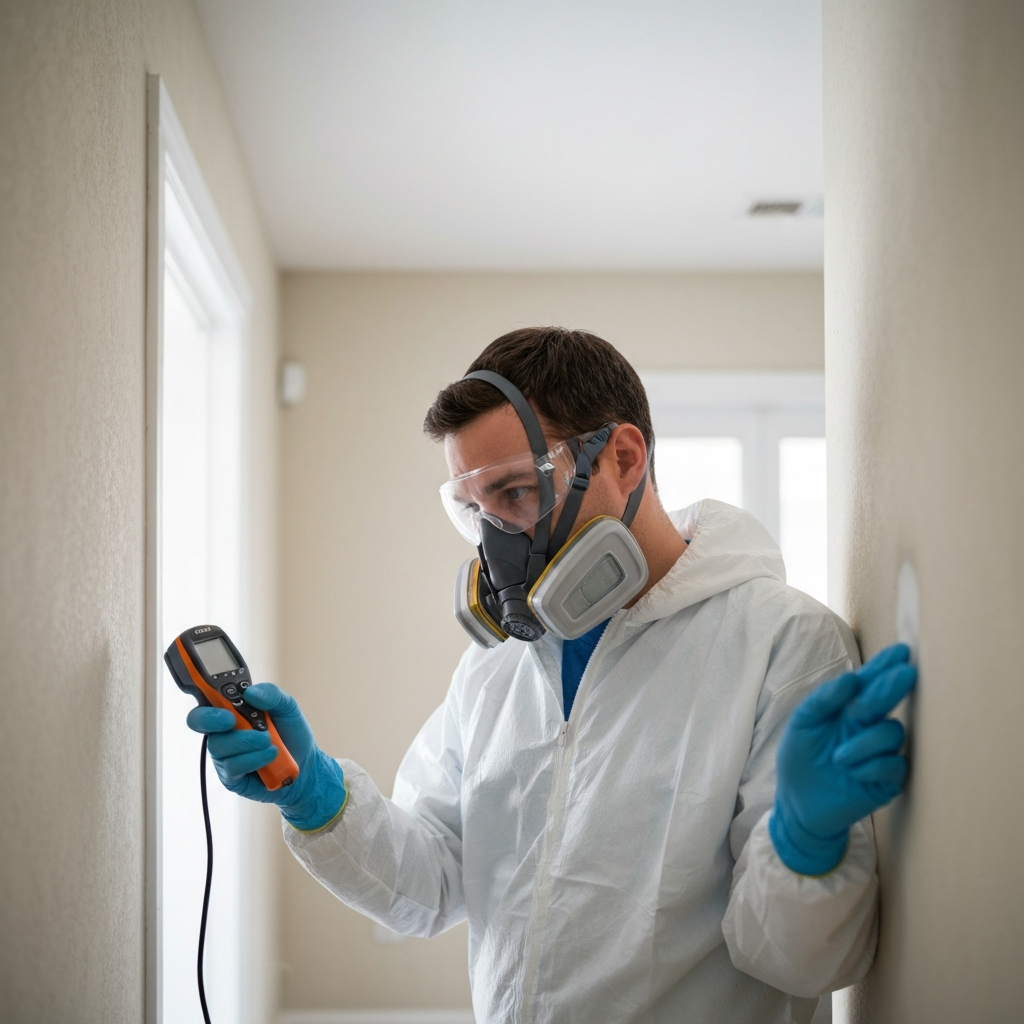 A detailed, professional photo from a slightly elevated angle showing a professional mold inspector in protective gear (e.g., respirator, gloves – but face obscured for anonymity) meticulously examining a section of a residential wall. The inspector holds a moisture meter or a thermal imaging camera, focusing intently on a suspicious area. The background subtly suggests different property types, perhaps a corner of a large living room blending into a hallway, symbolizing the scope of an inspection. The lighting is bright and clear, highlighting the precise nature of the work.