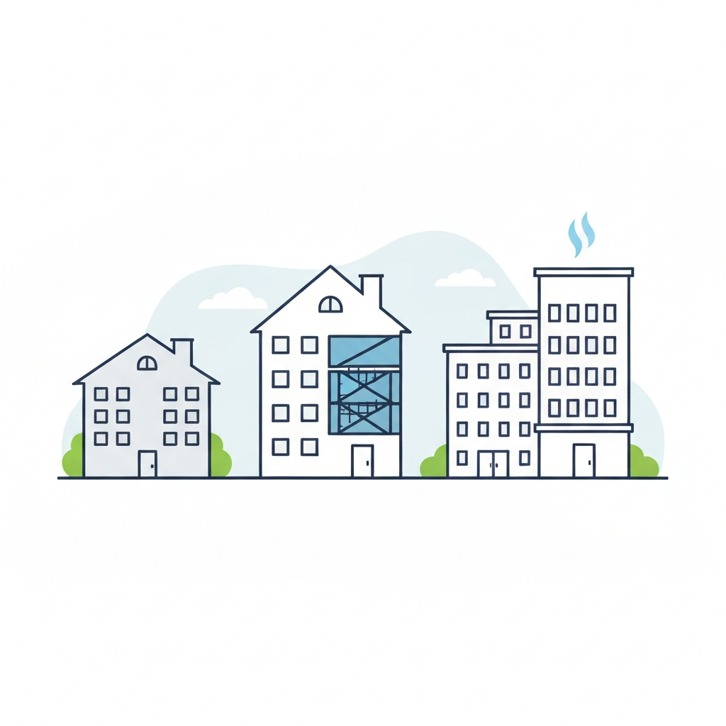 A clean, flat illustration depicting a stylized comparison of different property sizes and types. On one side, a small, simple apartment building icon; on the other, a larger, multi-story house icon, with an even larger, more complex commercial building icon further along. The visual should subtly convey increasing complexity and scale, perhaps by showing more intricate internal structure lines or differing numbers of windows/doors on the larger properties, implying more extensive inspection requirements without using any words or numbers. A subtle background element could suggest the humid Tampa environment.