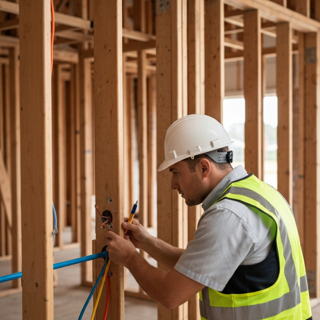 A professional home inspector, wearing a hard hat and safety vest, meticulously examines a detail within a newly framed or partially completed house. The inspector could be closely scrutinizing electrical rough-ins emerging from a wall, or inspecting plumbing lines before drywall installation. The background shows exposed studs and construction materials, conveying an active build site. The focus is on the inspector's concentrated, professional approach, highlighting the careful detection of potential issues in a new home build. Professional photographic style, slightly elevated perspective.