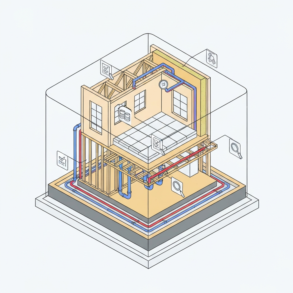 A clean, isometric flat illustration of a new house, subtly deconstructed to reveal various layers of its construction. Elements like the foundation, framing, plumbing pipes, electrical wiring, and insulation are visible through a transparent outer shell. Overlaid on different sections are subtle icons, like a magnifying glass or a tiny checklist, symbolizing thorough inspection and quality assurance at each critical stage. The overall impression is one of meticulous oversight throughout the building process for a modern, high-quality home. Flat illustration, clean lines, professional aesthetic.