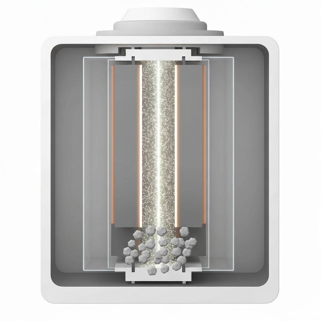 An infographic-style cutaway diagram illustrating the internal workings of an ionization smoke detector. Show a transparent chamber with two parallel, electrically charged plates. Between the plates, a subtle glow or stream of tiny, energized particles flows consistently. Smoke particles, depicted as slightly larger, grey, irregular shapes, are entering the chamber from the bottom and visibly disrupting this electrical current, causing a clear interruption or scattering effect on the particle flow. The background should be clean and simplified, focusing solely on the intricate mechanism. The overall aesthetic is educational, precise, and visually clean.