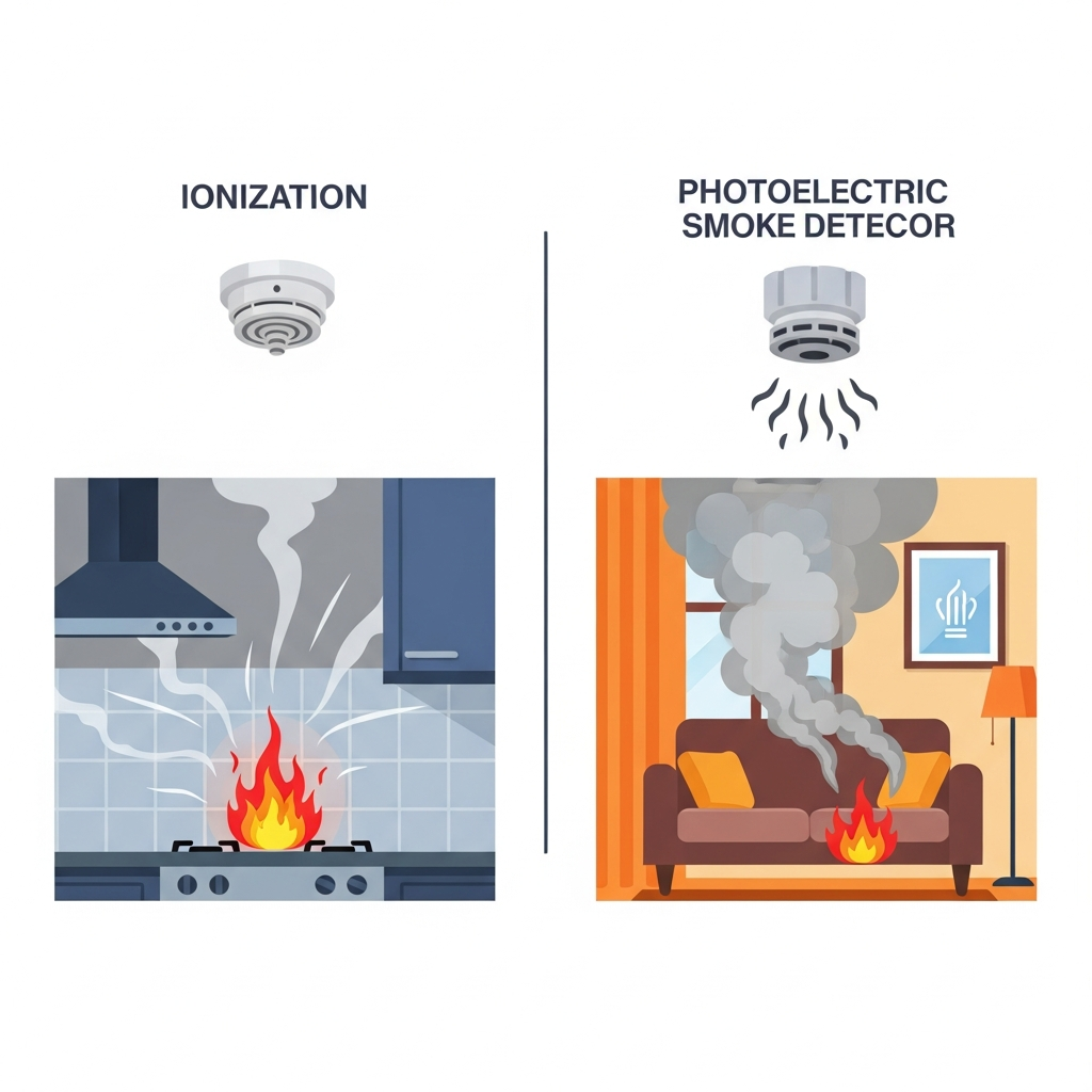 A dual-panel flat illustration contrasting two distinct household fire scenarios and their ideal smoke detectors. The left panel features a kitchen environment with a small, intense, fast-flaming fire originating from a stovetop, emitting thin, rapidly rising wisps of smoke. Above this, a stylized icon representing an ionization smoke detector. The right panel displays a living room setting with a smoldering couch cushion, producing thick, dense, slow-rising plumes of smoke. Above this, a stylized icon representing a photoelectric smoke detector. Use a clear, vibrant color palette with distinct contrasting elements for the fire and smoke types, emphasizing their visual differences.
