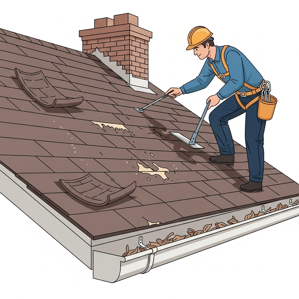 A detailed flat illustration depicting a professional roof inspector on a residential home's roof. The inspector, wearing a hard hat and safety harness, is visually examining different areas. Highlight subtle signs of common roof issues: a few curled asphalt shingles, granule loss visible on some patches, a small crack in the flashing around a chimney, and a section of gutter with visible leaf debris. The scene should convey a thorough, active inspection process, with a focus on various components mentioned in the article, such as the main roof surface, flashing, and drainage. The overall mood should be informative and reassuring.