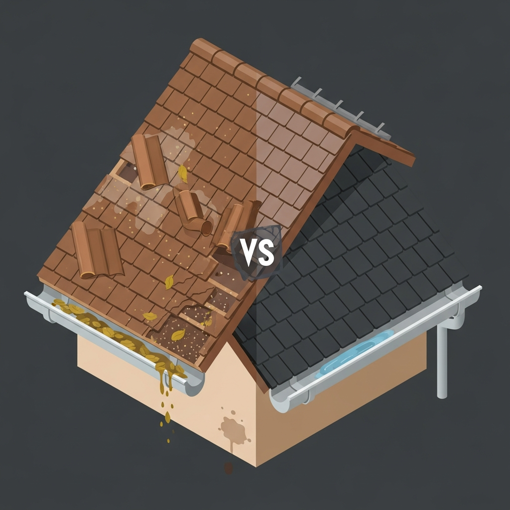 A modern, infographic-style isometric illustration presenting a visual contrast between two halves of a residential roof. The left half shows a neglected roof with clear signs of wear: heavily curled and missing shingles, significant granule loss, a loose or damaged gutter overflowing with leaves, and perhaps a small water stain visible on an exterior wall below. The right half displays a pristine, well-maintained roof, clean and in excellent condition, with intact shingles and clear gutters. The imagery should subtly communicate the long-term benefits of regular maintenance versus the consequences of neglect, emphasizing preventable costs and structural health.