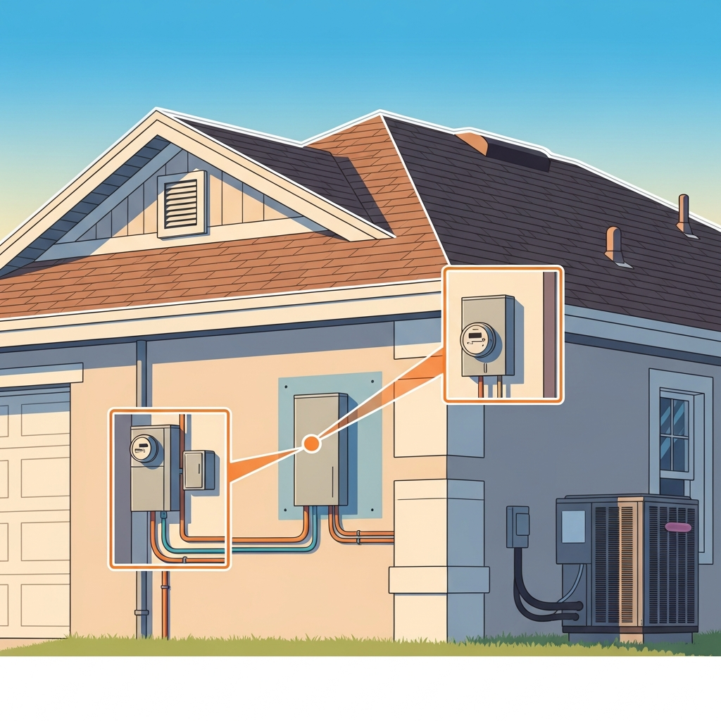 A vibrant flat illustration depicting a typical single-story Florida home, viewed from a slight angle. Four distinct areas of the house are visually emphasized: the roof (showing shingles and a vent), a section of an exterior wall highlighting an electrical meter box and wiring conduit, a subtle cutaway section revealing plumbing pipes within a wall, and an outdoor HVAC condenser unit positioned next to the house. Each of these four components should be subtly highlighted or outlined to draw attention, representing the 'four points' of an inspection. The overall scene should be clean, modern, and easily understandable, suitable for an infographic. The background could be a clear blue sky with a hint of warm sunlight.