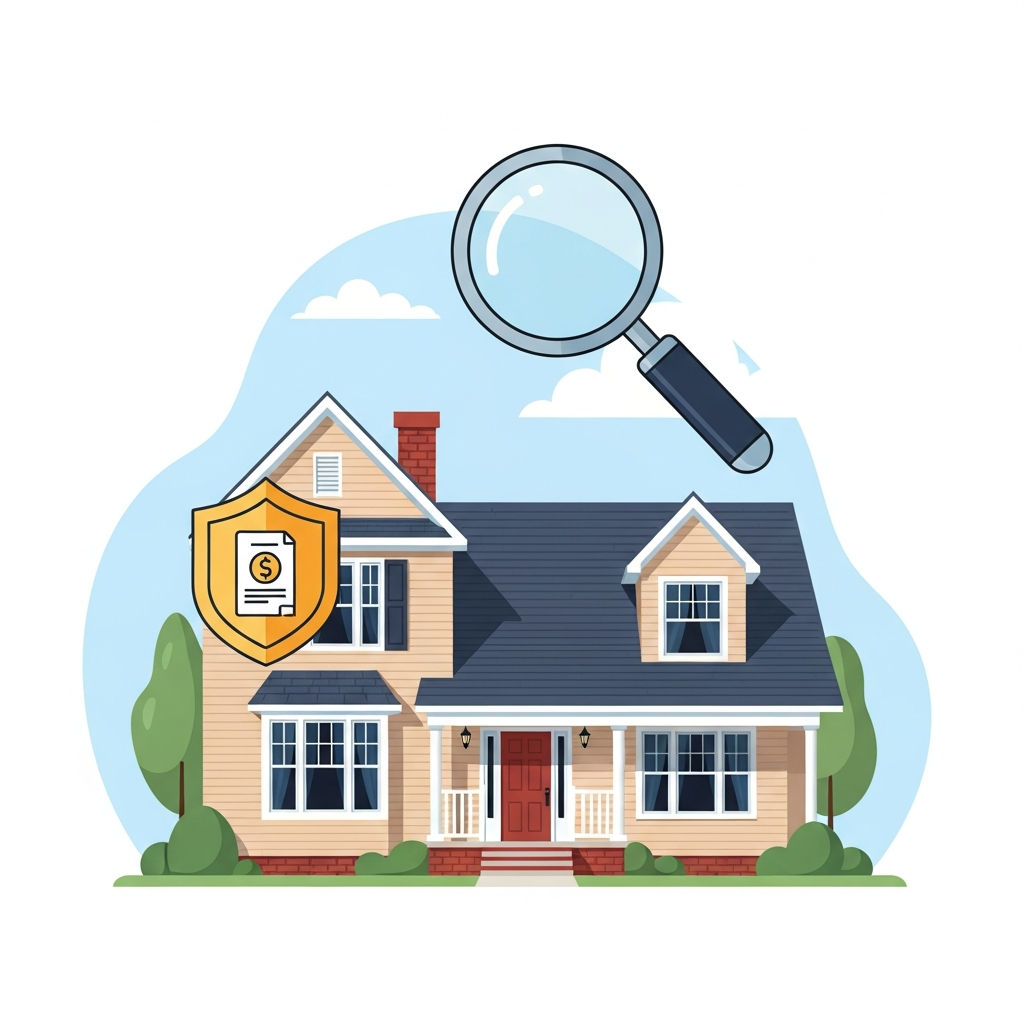 A professional vector illustration showing an older, but well-maintained, single-family house at the center, symbolizing a property often requiring a 4-point inspection. Surrounding the house, or subtly integrated into the scene, are conceptual elements representing risk assessment and insurance. For instance, a stylized magnifying glass icon hovering over the house, and a shield icon with a small dollar sign or insurance policy document motif nearby. The imagery should convey the concept of thoroughly evaluating potential issues in an older property to determine insurability and set premiums. The color palette should be reassuring and professional, suitable for a business-oriented blog.