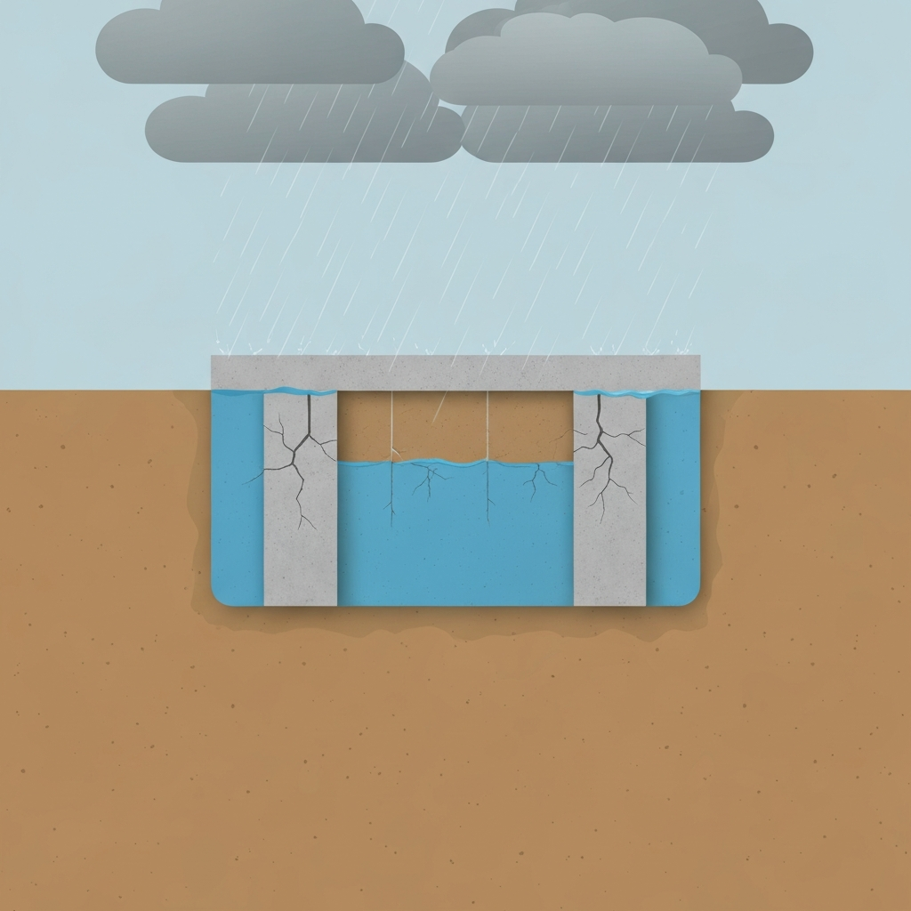 A detailed cutaway diagram illustrating the unique geological challenges faced by homes in Tampa, leading to foundation issues. The image shows a cross-section of a house foundation embedded in sandy, porous soil. A visible high water table is depicted as a blue layer underneath and around the foundation, exerting pressure. Subtle, fine cracks appear on the concrete foundation wall and slab, indicating stress. Above the ground level, hints of a stormy sky with heavy rain are suggested, emphasizing the impact of severe weather. The overall style should be a clear, informative flat illustration with earthy tones for soil and muted blues for water.