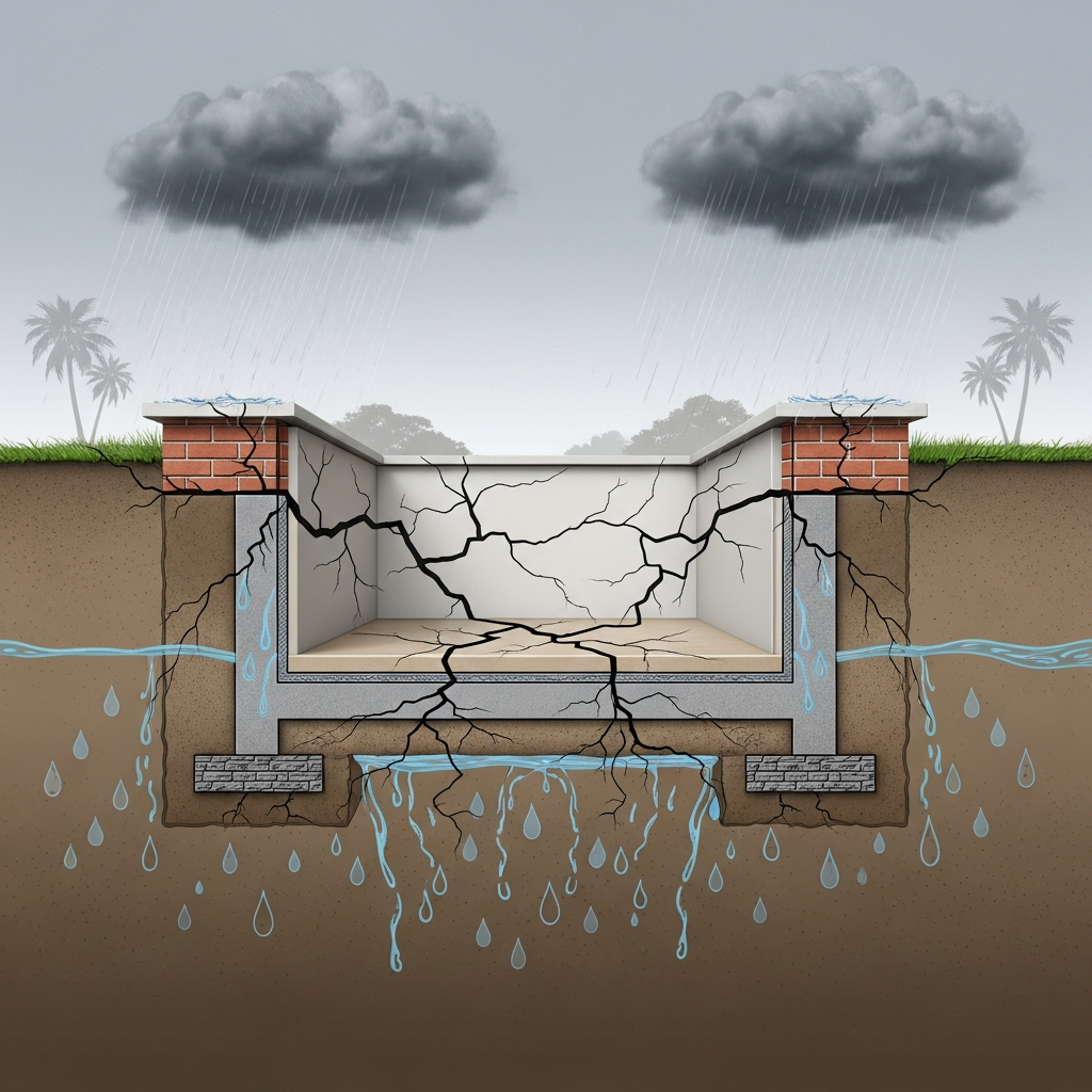 A visually detailed, illustrative cross-section of a house foundation experiencing common issues in Tampa's climate. Show a brick or stucco house foundation with visible cracks propagating up the exterior wall and across the interior floor slab. Below ground, depict saturated, expanding clay soil pushing against the foundation wall, with stylized water permeating through the soil towards the foundation base. Heavy rain is falling, indicated by stylized raindrops and dark storm clouds overhead. In the background, feature subtle hints of Tampa's environment, like a few palm trees. The overall style should be a clear, informative architectural illustration, emphasizing structural stress.