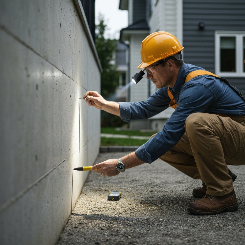 A professional foundation inspector, dressed in practical work attire and a hard hat, meticulously examining the exterior foundation of a modern home. The inspector is crouched, using a specialized tool like a moisture meter or a crack gauge against the concrete wall, illuminated by a focused beam from a headlamp or flashlight. The scene should convey thoroughness and expertise, with attention to detail on the foundation surface, showing subtle textures or hairline cracks. The background shows a well-maintained residential property. The style should be a realistic, high-quality photo capturing a moment of serious assessment.