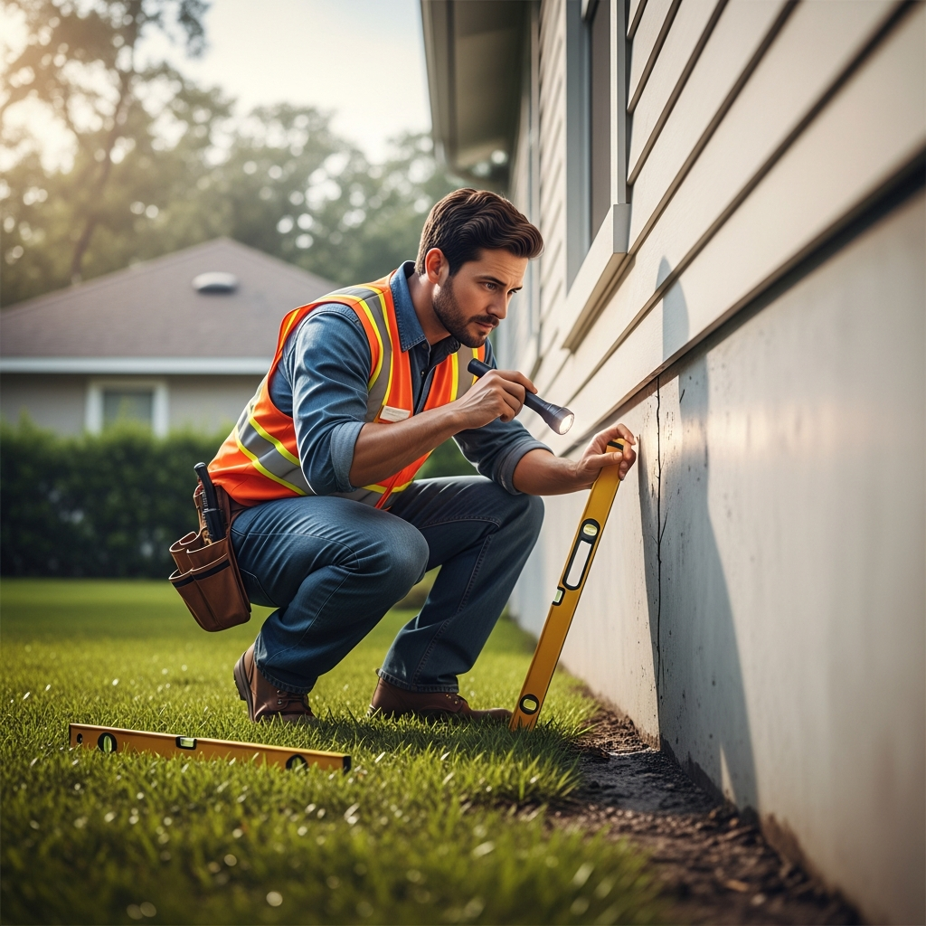 A professional, dynamic digital illustration depicting a foundation inspector at work. A knowledgeable inspector, wearing practical work attire and a safety vest, is crouched near the exterior foundation wall of a residential home. They are actively examining a hairline crack or a subtle bulge in the foundation with a flashlight, perhaps holding a level or measuring tape nearby. The home's foundation shows a slight visible texture, suggesting concrete or stucco. A well-maintained but slightly damp lawn is in the foreground, and the background subtly hints at a residential Tampa neighborhood with lush greenery and a bright, but slightly humid sky. Emphasize the diligent and thorough nature of the inspection process.
