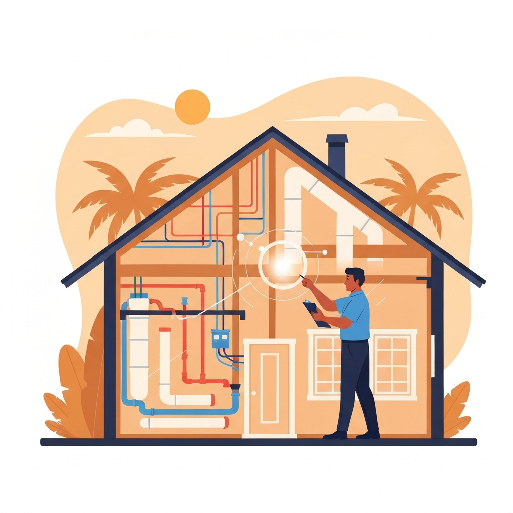 A professional flat illustration depicting a certified home inspector, a diverse individual, meticulously examining various parts of a stylized modern Tampa-style house. The house should be partially translucent or cut-away, revealing structural components, electrical wiring, plumbing pipes, and HVAC ducts. The inspector is holding a clipboard and pointing at a detail on the roof while another element, like a subtle magnifying glass effect or a glowing highlight, indicates an area of close inspection within the house. A warm, sunny Florida sky and palm trees are subtly visible in the background. The overall impression should be thoroughness and expertise in the inspection process.