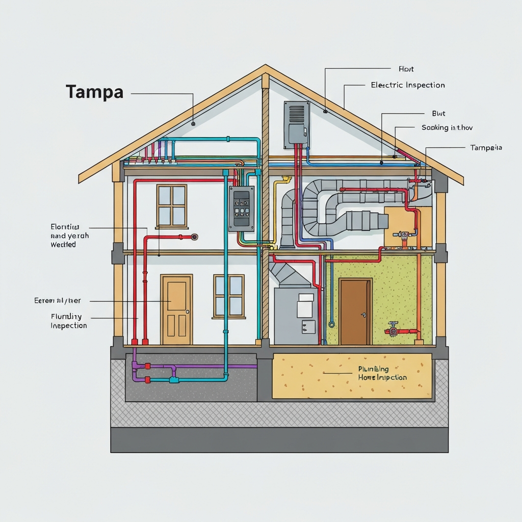 An infographic-style illustration showcasing a comprehensive cross-section of a typical residential house in Tampa. Various key systems and components should be visually highlighted with distinct graphical elements or colors, clearly differentiating them. Sections like the foundation, roof structure, electrical panel and wiring pathways, plumbing pipes throughout the house, the HVAC unit with its ductwork, and internal wall insulation are clearly discernible. The overall aesthetic should be clean, modern, and informative, using a limited, professional color palette. The intent is to visually convey the extensive and multi-faceted scope of a standard home inspection, emphasizing the many diverse areas an inspector evaluates.