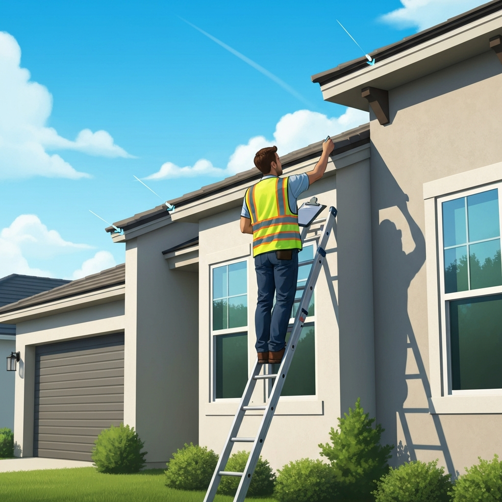 A professional digital illustration with a clean, slightly realistic aesthetic, suitable for a financial and home improvement blog. The scene depicts a modern, single-family home in a sunny Tampa neighborhood. A certified inspector, wearing a safety vest and carrying a clipboard, is on a sturdy ladder, meticulously examining the roof's edge or a window frame. The sky is bright blue, hinting at the Florida setting. Subtle visual cues of wind protection are present on the house, such as reinforced roof-to-wall connections or impact-resistant windows. The overall atmosphere should convey a sense of thoroughness, professionalism, and home assessment.