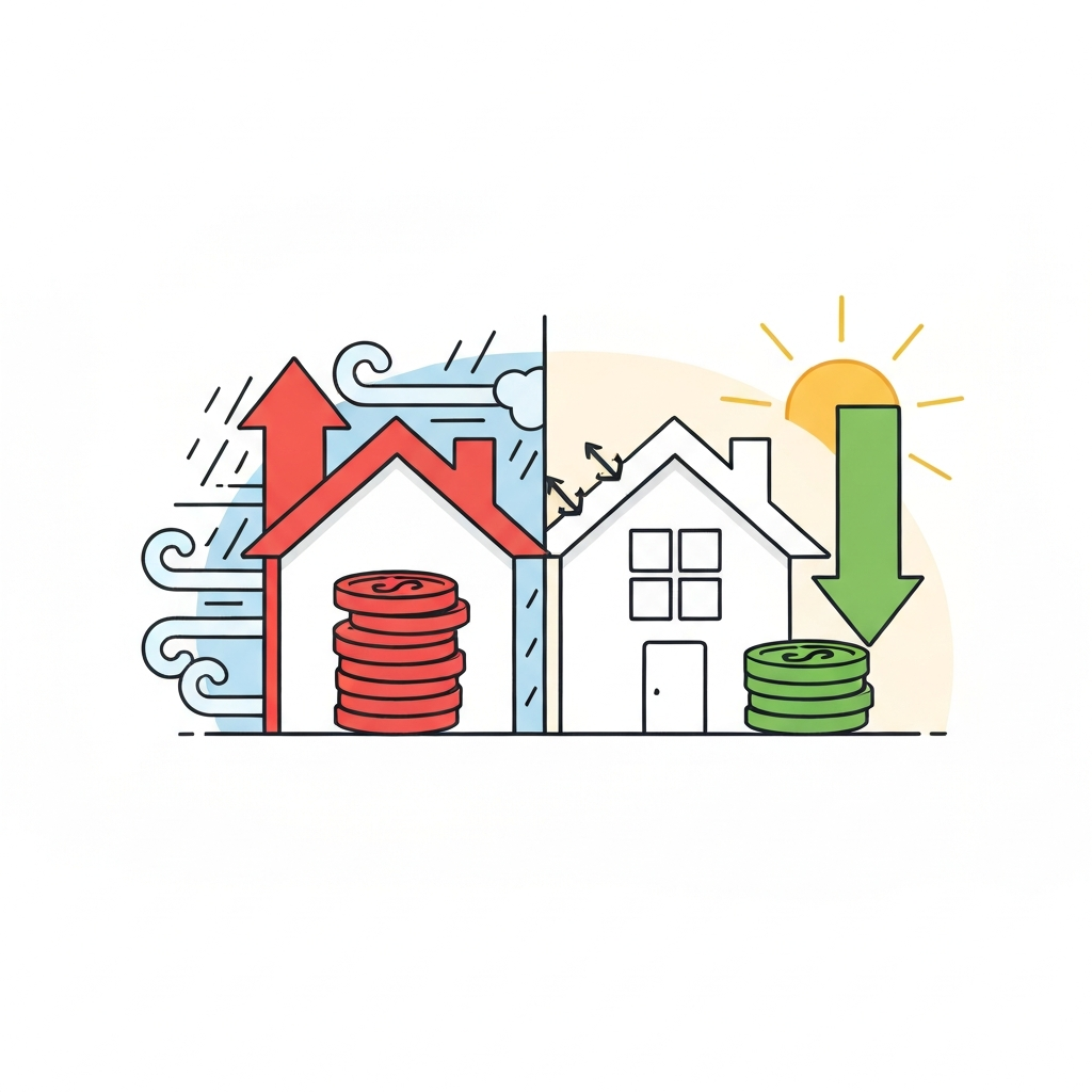 A flat illustration with clean lines and a limited, pleasing color palette, ideal for an informative blog graphic. The image should be a split infographic-style illustration. On the left side, a simplified house icon is surrounded by dynamic swirling wind lines and rain, with a large, red upward arrow or a tall stack of coins symbolizing high cost. On the right side, the same house icon is depicted with subtle protective features like visible roof anchors or strong window details, and a green downward arrow or a smaller stack of coins indicates reduced cost. A subtle, bright sunshine emanates from the protected side, symbolizing peace of mind and savings. The transition between the two sides should be clear and visually impactful.