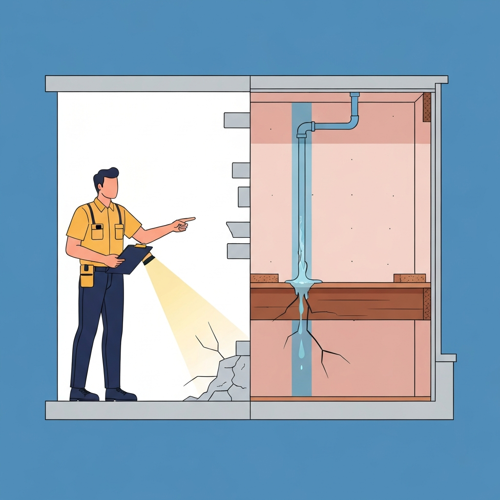 A detailed, modern flat illustration showing a cross-section of a house. On the accessible side, a professional home inspector, equipped with a flashlight and clipboard, points to a visibly cracked foundation or a worn pipe. On the hidden side, within the walls or under the floorboards, subtle problems are revealed: a faint, almost transparent leak from a pipe behind drywall, or a structural crack slowly forming in a hidden beam. The illustration emphasizes the contrast between visible defects and concealed, developing issues, with a clean and informative aesthetic suitable for a blog.