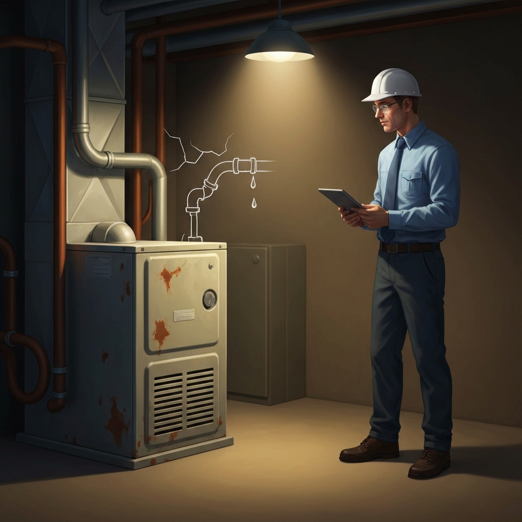 A stylized digital painting depicting a professional home inspector in a well-lit basement or utility room, observing an aging but currently operational furnace. The furnace exhibits signs of wear, like faded paint or a slight rust spot, but appears to be functioning normally with a faint glow from its vents. Subtly, a ghostly outline of a future hairline crack or a single, almost imperceptible drip from a pipe connection is superimposed near a critical component, hinting at potential future failure without showing immediate breakdown. The inspector holds a tablet, conveying a sense of objective assessment.