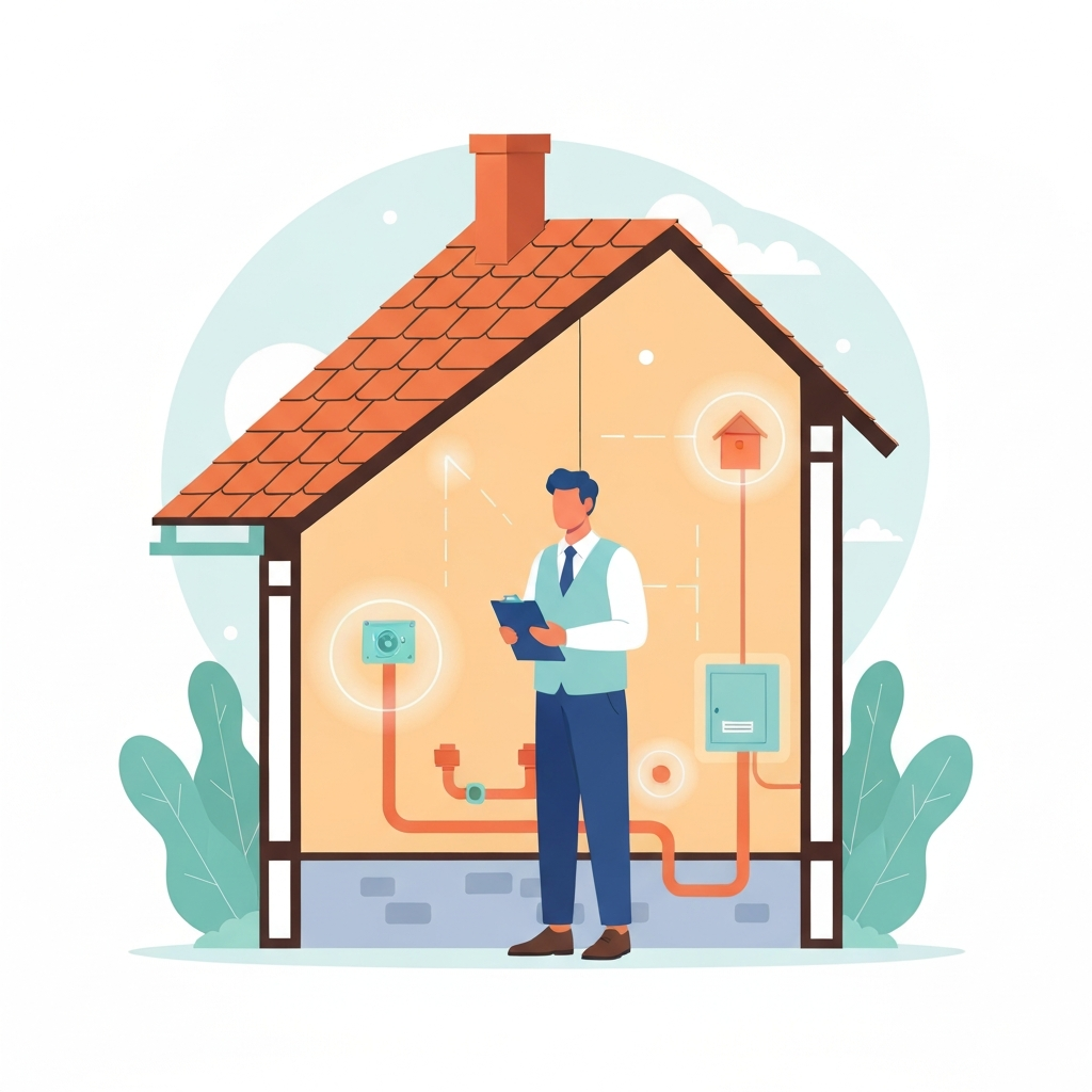 A vibrant, clean vector illustration depicting a professional home inspector at work within a stylized cross-section of a house. The inspector, dressed in smart casual attire and holding a clipboard, is positioned centrally. Surrounding elements within the house (e.g., roof shingles, a visible foundation line, a corner of an interior wall, a pipe system, an electrical box) are subtly highlighted with faint, transparent aura effects or soft glow lines, symbolizing areas of scrutiny. The overall impression is one of comprehensive examination and transparency, focusing on the various systems a home inspector assesses. Use a palette of warm neutrals with pops of soft blues and greens.