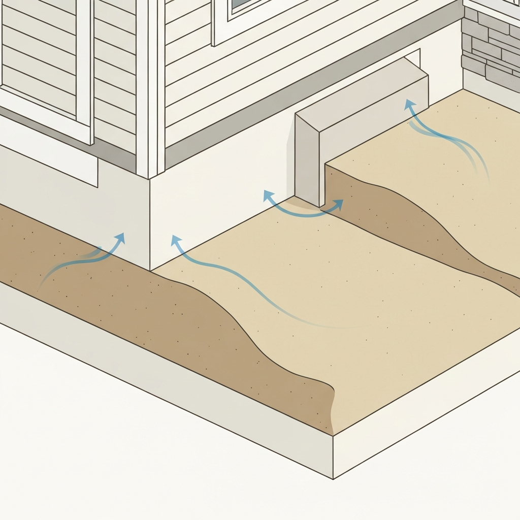 An infographic-style illustration depicting the exterior of a house with a clear focus on its foundation and surrounding grading. The illustration should be an isometric or slightly angled view, showing the ground gently sloping away from the foundation. Subtle, flowing blue lines or arrows visually indicate proper water drainage away from the structure. Visible elements include the lower part of the house's siding, a distinct foundation wall, and the varying ground level. The style is clean, precise, and uses a muted, professional color scheme with clear differentiation between ground and building materials, conveying an ideal exterior assessment.