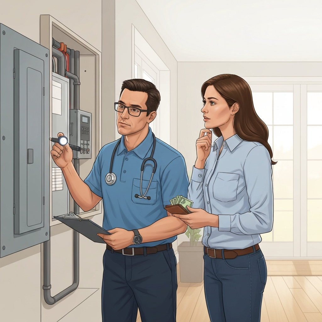 A detailed digital illustration depicting a professional home inspector, identifiable by their uniform and tools like a flashlight and clipboard, examining a key area within a home, such as a furnace or an electrical panel. A prospective home buyer, looking thoughtful and engaged, stands nearby, observing the inspection. The buyer subtly holds a wallet or a small stack of bills in their hand, indicating their role in covering the service. The background shows a modern, well-maintained house interior. The overall impression is one of thoroughness and the buyer's direct involvement in the process, in a professional photo style.