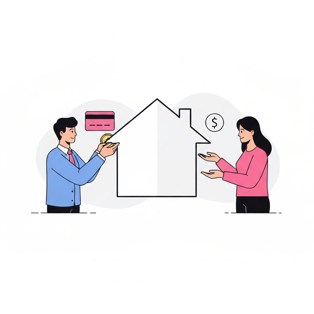 A modern flat illustration with a clear, split composition. On the left side, a stylized home buyer figure holds a coin purse or a credit card, gesturing towards a central, abstract outline of a house. On the right side, a stylized home seller figure, with open, empty hands, also looks towards the house outline. The house acts as the focal point, visually representing the subject of the transaction. The use of clean lines and distinct, vibrant colors emphasizes the separate roles and the primary financial responsibility. No specific text or symbols, just visual cues.