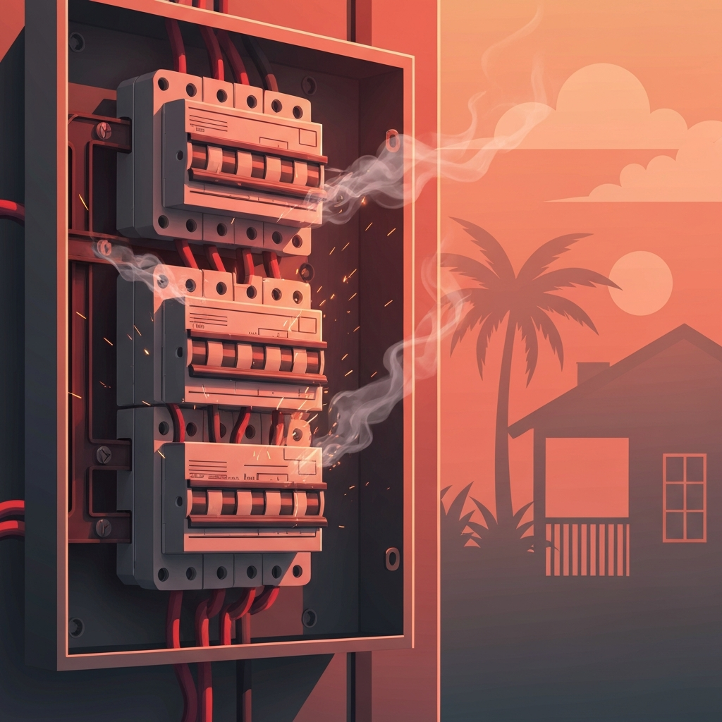 A stylized, professional vector illustration depicting the internal workings of a problematic electrical panel. The panel, subtly reminiscent of an older Zinsco model with its specific design elements, shows faint sparks and wisps of smoke emanating from its breakers and bus bars, indicating overheating and potential fire hazard. The background subtly suggests a home in a warm, humid environment, perhaps with a faint outline of a palm tree or a sun icon in the distance. The color palette should use warm, alarming tones like reds, oranges, and deep grays to convey danger, with a clean, modern aesthetic suitable for a blog article.