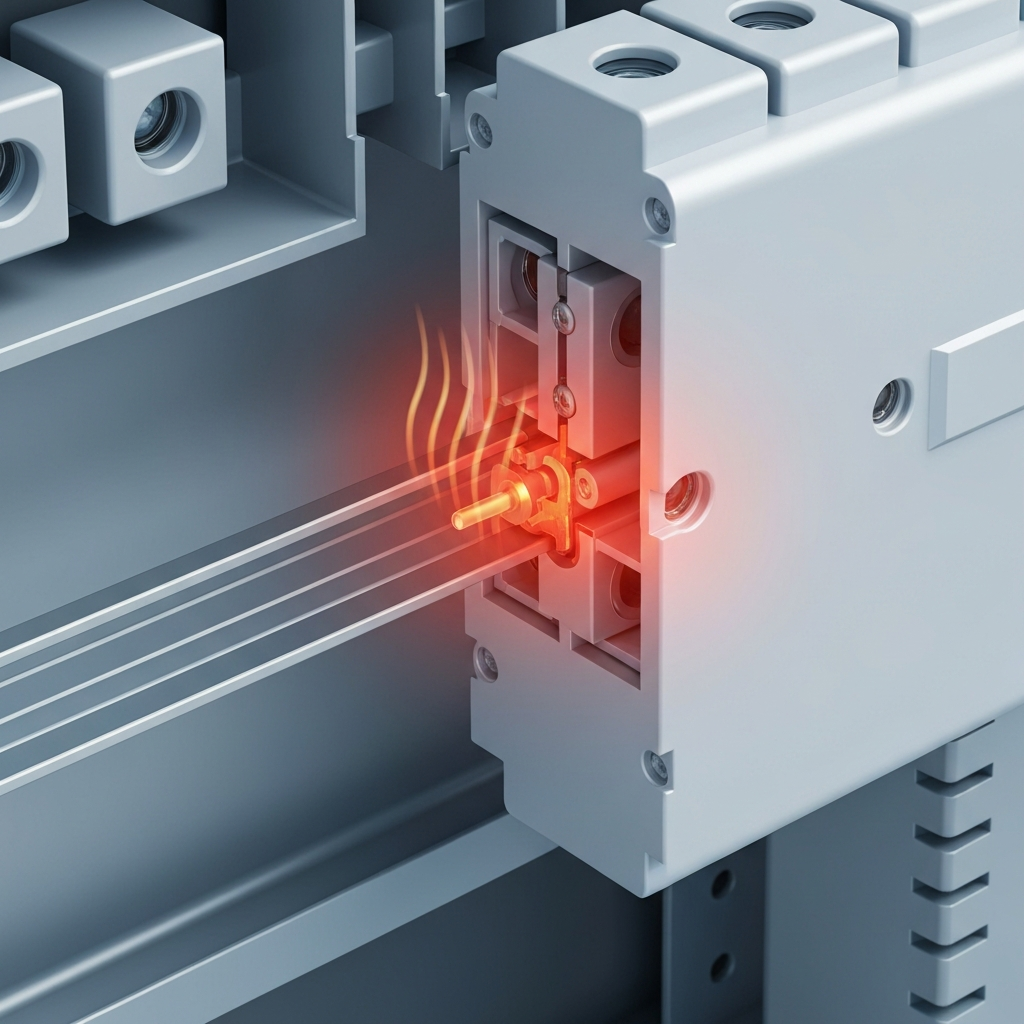 A clean, detailed technical illustration showcasing a cutaway view of an electrical panel's internal components. Focus on a problematic circuit breaker connected to a bus bar. Clearly illustrate a loose or corroded connection point where the breaker meets the bus bar, represented by faint heat lines emanating from the connection and a subtle red glow or discolored area to signify overheating. The overall impression should be a precise, educational diagram, using a cool, professional color palette for the functioning parts and contrasting warm, orange-red hues for the problematic area, highlighting the specific fault for a homeowner's understanding.